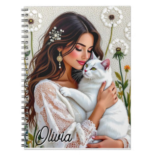 Carnet Femme magnifique, chat et pissenlits Personnalisé