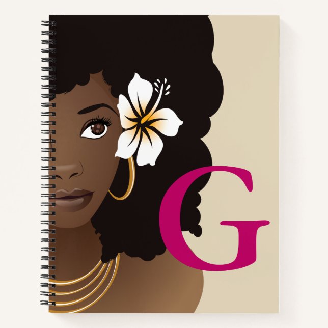 Carnet Femme noire, Fleur dans les cheveux, votre initial (Devant)