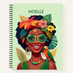 Carnet Femme noire, fleurs tropicales et perroquet