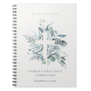 Carnet Fern Foliage Cross First Holy Communion Guestbook