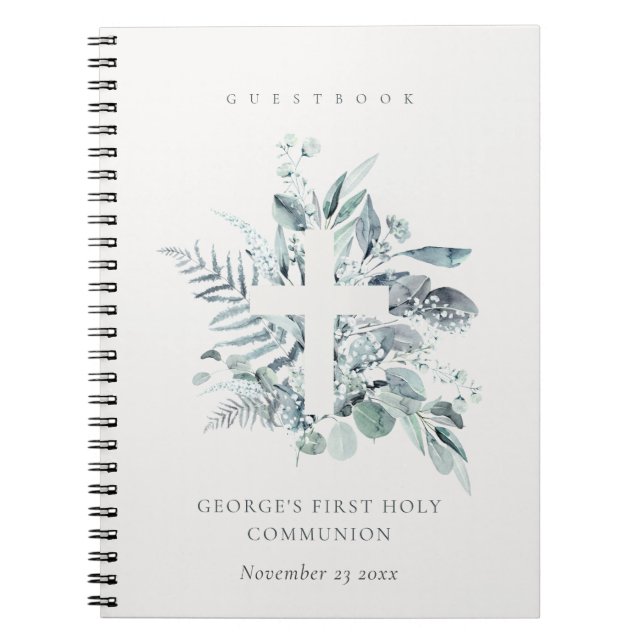 Carnet Fern Foliage Cross First Holy Communion Guestbook (Devant)
