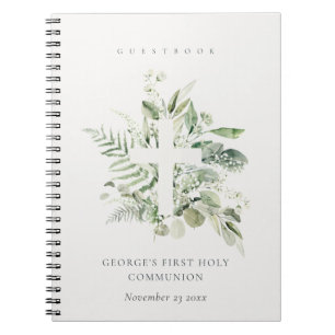 Carnet Fern Foliage Cross First Holy Communion Guestbook