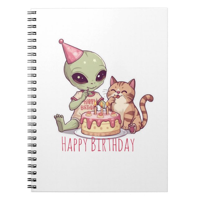 Carnet Fête d'anniversaire de chat extraterrestre dessin  (Devant)
