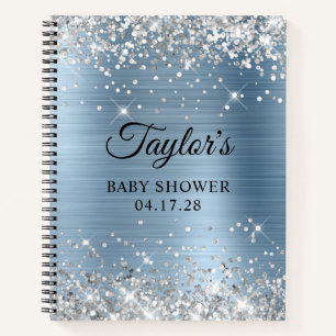 Carnet Fête de Bébé Pailleté Argent Bleu Clair Feuille