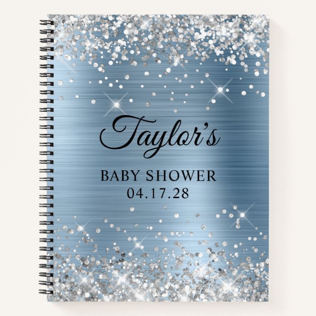 Carnet Fête de Bébé Pailleté Argent Bleu Clair Feuille (Devant)