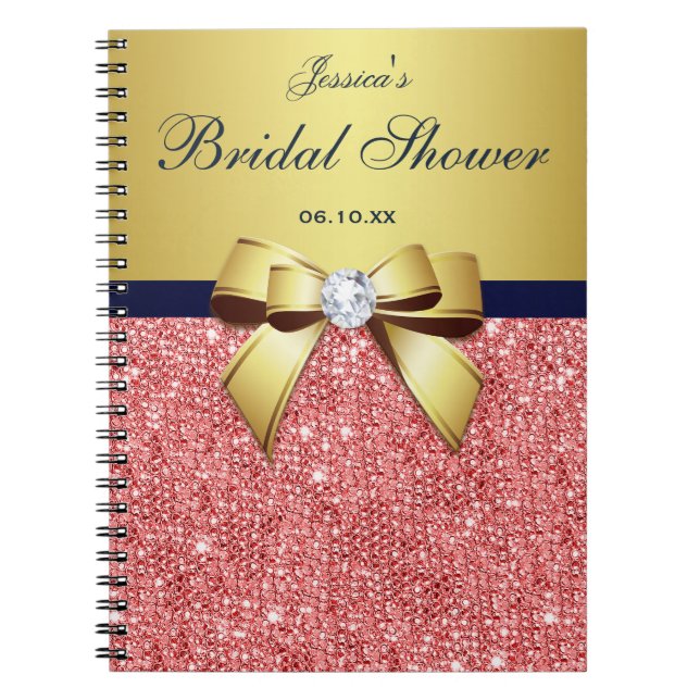 Carnet Fête des mariées Bow Guestbook Gold Coral Sequins (Devant)