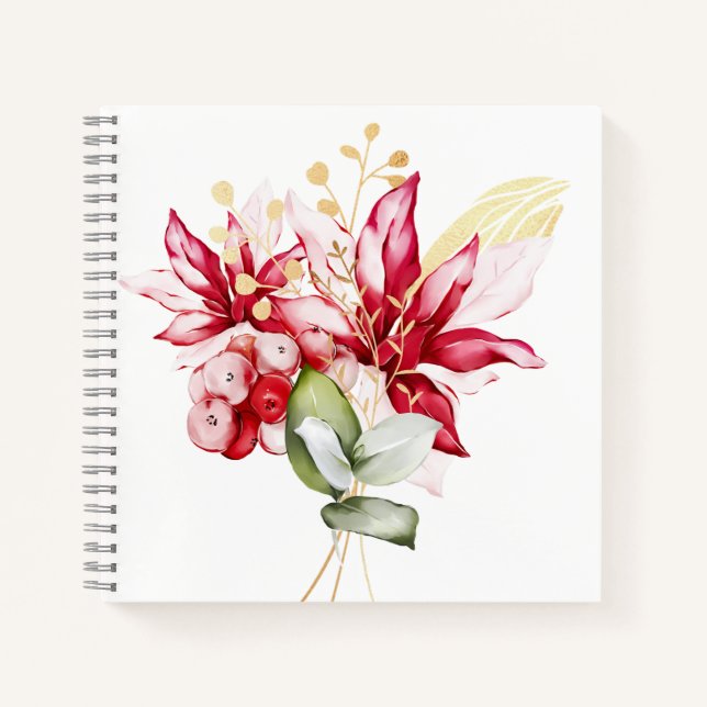 Carnet Fête d'hiver poinsettia aquarelle fleurs (Devant)