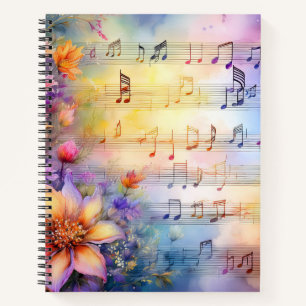 CARNET FEUILLE D'EAU MUSIQUE AVEC FLEURS COLORÉES