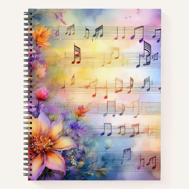 CARNET FEUILLE D'EAU MUSIQUE AVEC FLEURS COLORÉES (Devant)