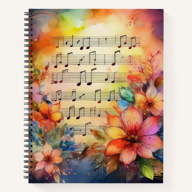 CARNET FEUILLE D'EAU MUSIQUE AVEC FLEURS COLORÉES (Devant)