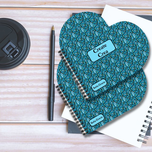 Carnet Feuilles Bleus Bilingues Créer Crea Spiral Espagno (Blue Turquoise Leaves Create crea" Spiral Notebook bilingual text & custom name multilingual project)