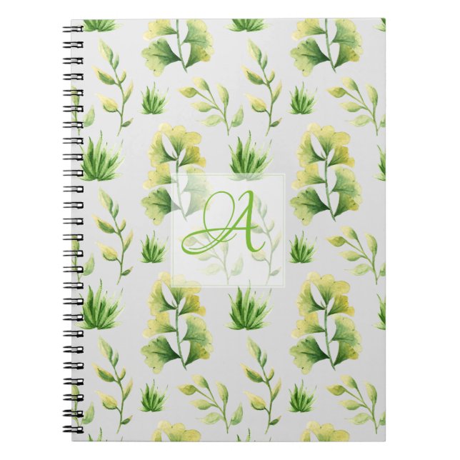 Carnet Feuilles botaniques brodées aquarelle déco verte (Devant)