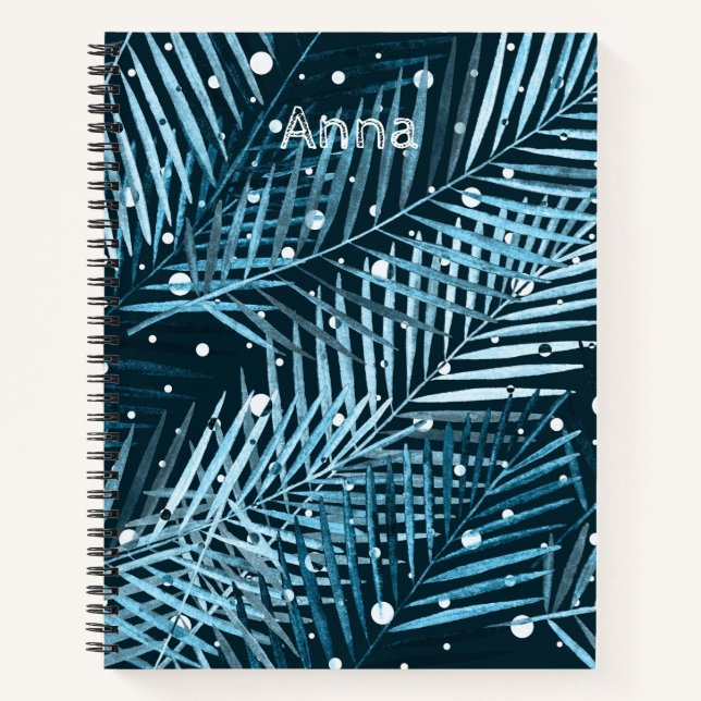 Carnet Feuilles de palme sur bleu avec pois blancs. (Devant)