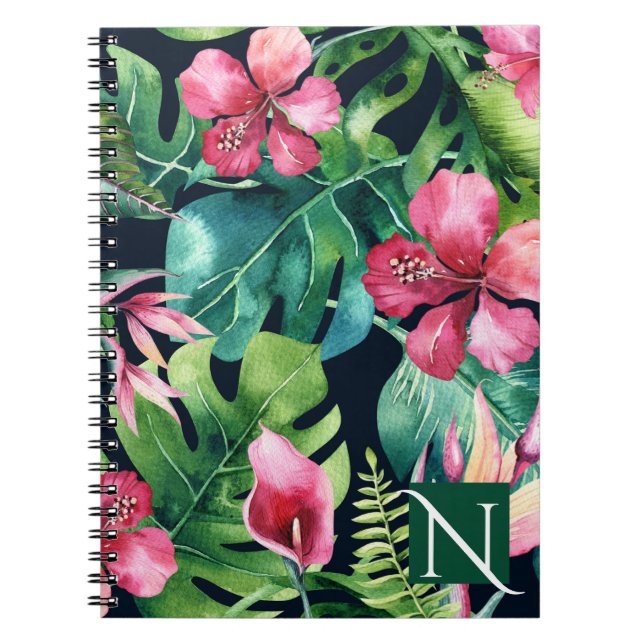 Carnet Feuilles de palmier tropical foncé Hibiscus floral (Devant)