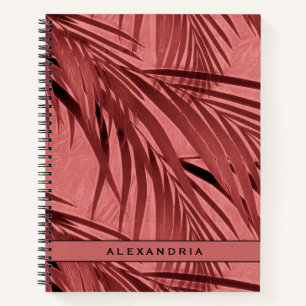 Carnet Feuilles de palmiers tropicaux roses   Votre nom p