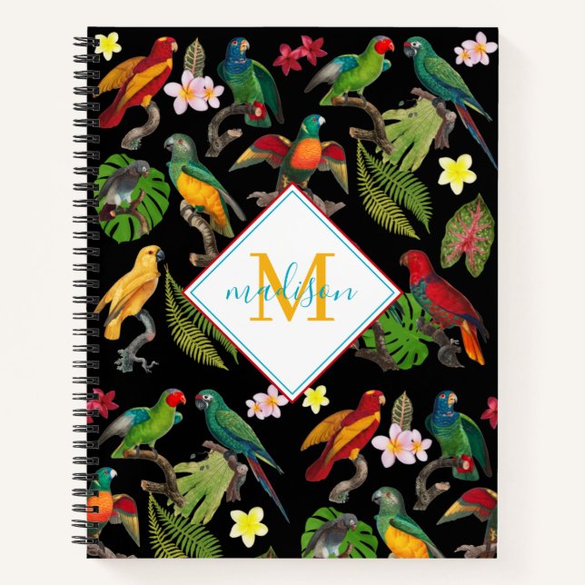 Carnet Feuilles de perroquets tropicaux colorés, Monogram (Devant)
