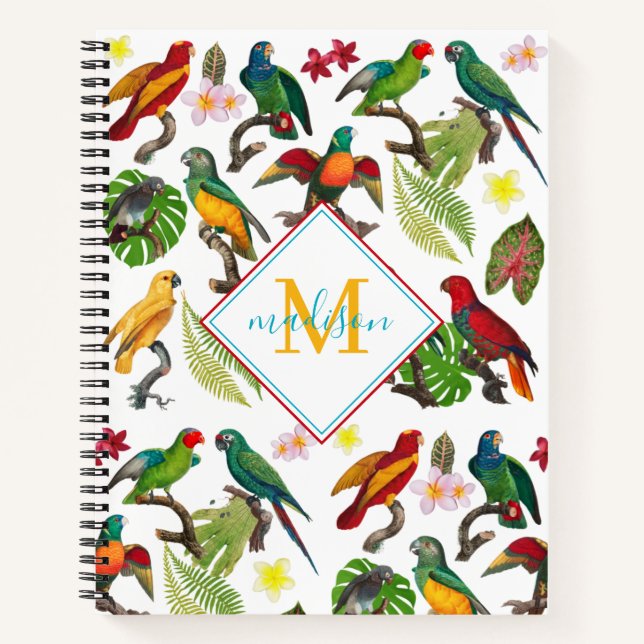 Carnet Feuilles de perroquets tropicaux colorés, Monogram (Devant)