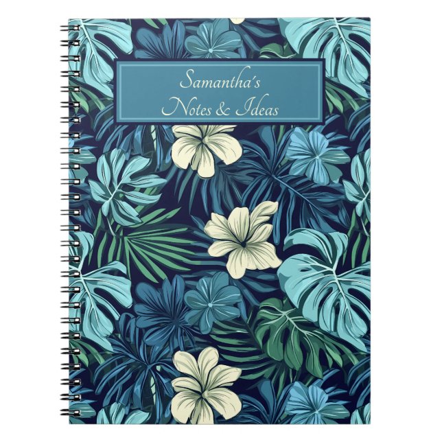 Carnet Feuilles et fleurs tropicales Bleu & Blanc  (Devant)