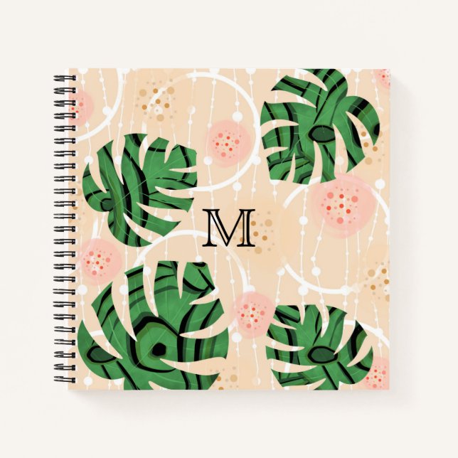 Carnet Feuilles Monstera sur rose. (Devant)