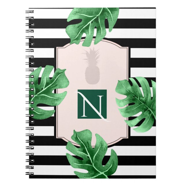 Carnet Feuilles Tropicales & Ananas Élégant Chic Monogram (Devant)