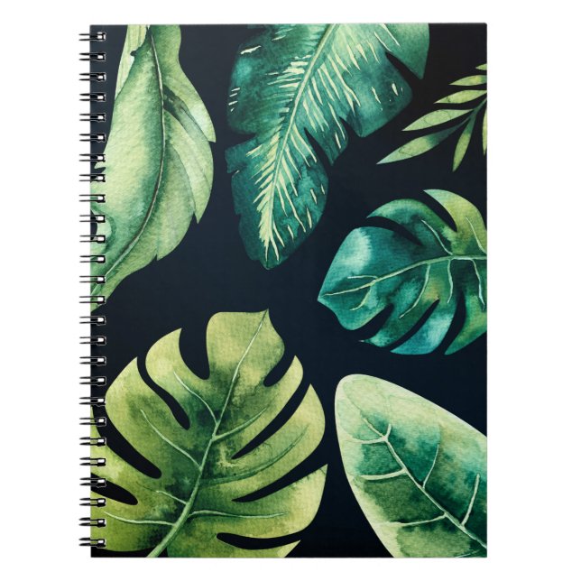 Carnet Feuilles Tropicales Vertes Été Chic Élégant Noir (Devant)