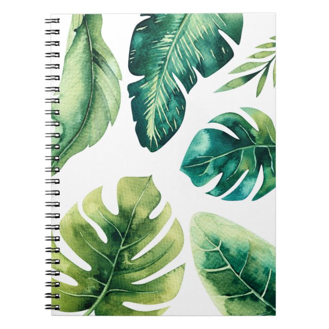 Carnet Feuilles Tropicales Vertes Été Élégant Chic Blanc (Devant)
