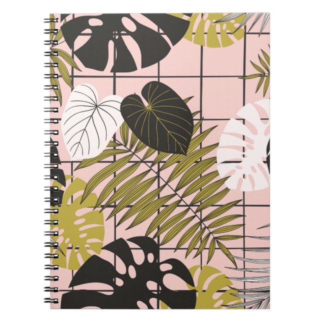 Carnet Feuilles tropicaux, fleurs, motif peint à la main. (Devant)