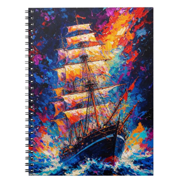Carnet Fiery Sunset Tall Ship Abstract Painting Nautical  (Devant)