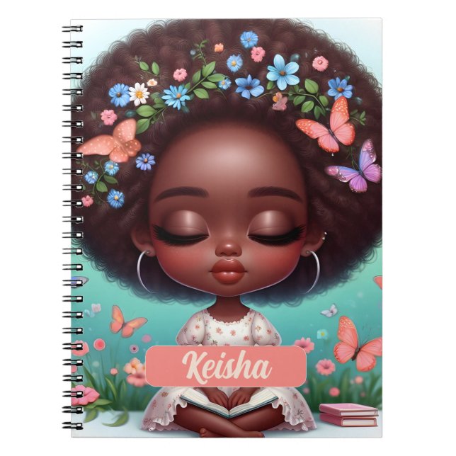 Carnet Fille afro-américaine personnalisée avec fleurs (Devant)