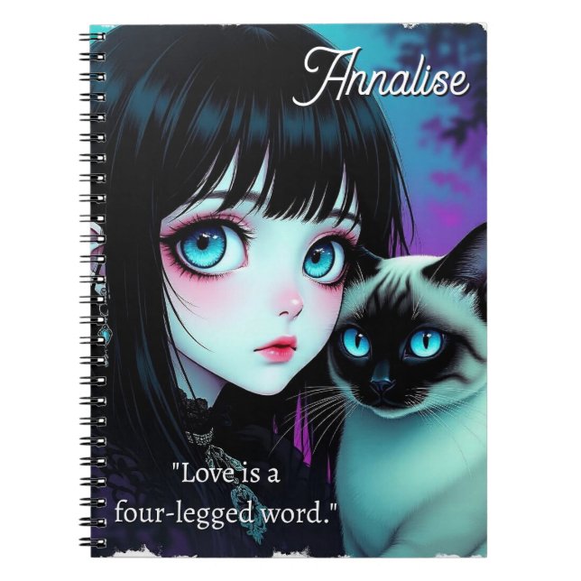 Carnet Fille Anime et Citation Personnalisée de Chat Siam (Devant)