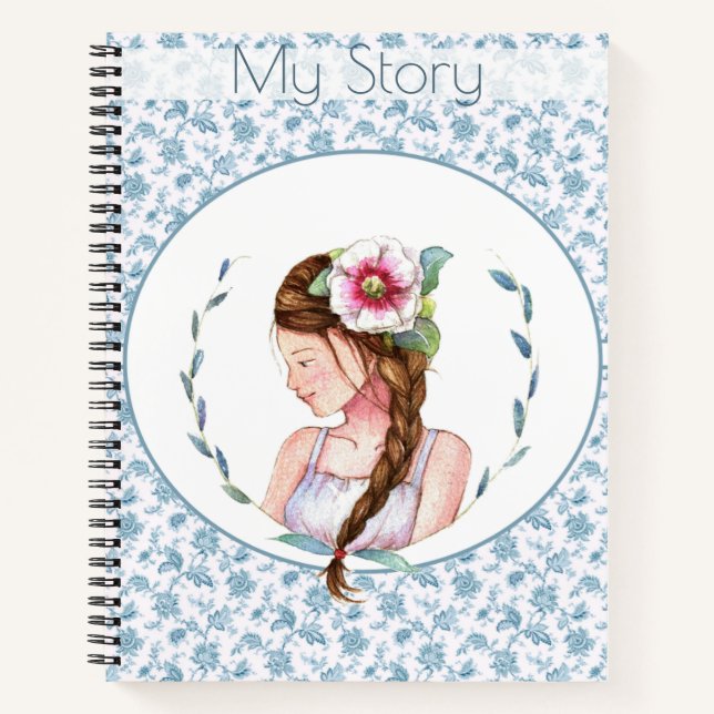 Carnet Fille aux fleurs bleues vintage (Devant)