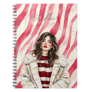 Carnet Fille aux rayures rouges de bonbon et aux cheveux