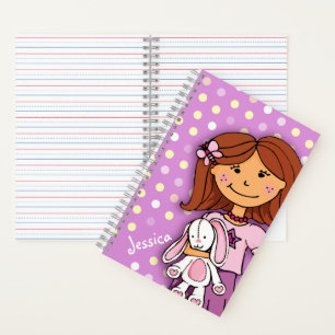Carnet Fille avec un lapin blanc pois lilas violet