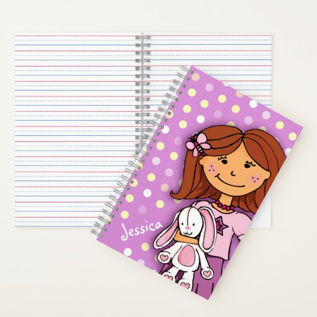 Carnet Fille avec un lapin blanc pois lilas violet (À l'intérieur)