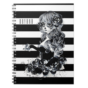 Carnet Fille Crâne Sucre Jolie Rayée Noir & Blanc