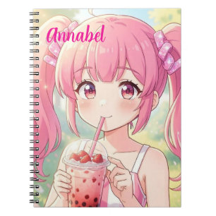 Carnet Fille d'anime en rose buvant du thé aux bulles per