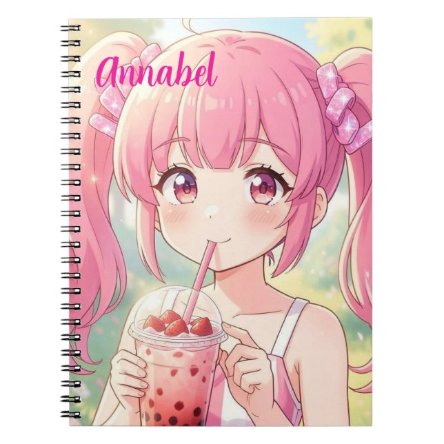 Carnet Fille d'anime en rose buvant du thé aux bulles per (Devant)