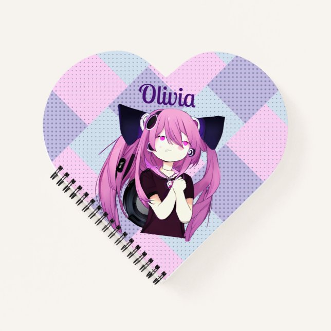 Carnet Fille d'anime violet et bleu Pop Art avec des orei (Devant)