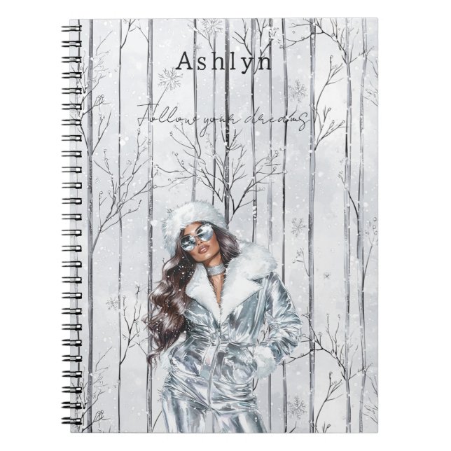 Carnet Fille de Noël grise argentée aux cheveux bruns (Devant)
