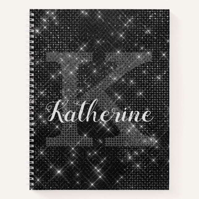 Carnet Fille Diamant Noir Étincelle Chic Monogramme Nom (Devant)