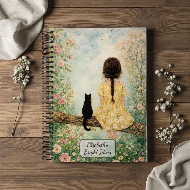 Carnet Fille et chat dans un jardin printanier (Créateur téléchargé)