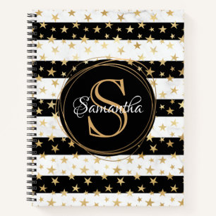 Carnet Fille moderne Black Stripe Gold Stars Monogramme