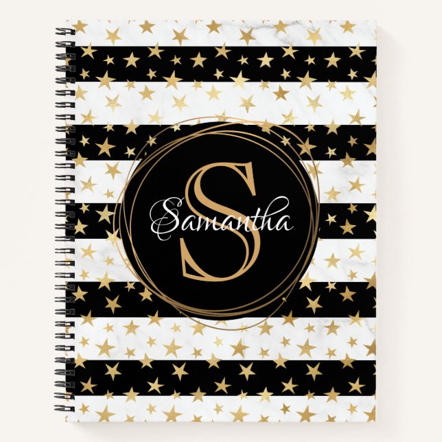 Carnet Fille moderne Black Stripe Gold Stars Monogramme (Devant)