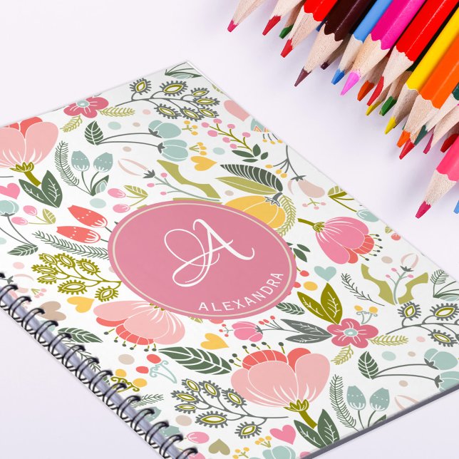 Carnet Fille moderne chic rose floral rose monogrammed no (Créateur téléchargé)