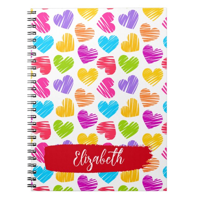 Carnet Fille moderne Vibrant Doodled Hearts Nom du Motif (Devant)