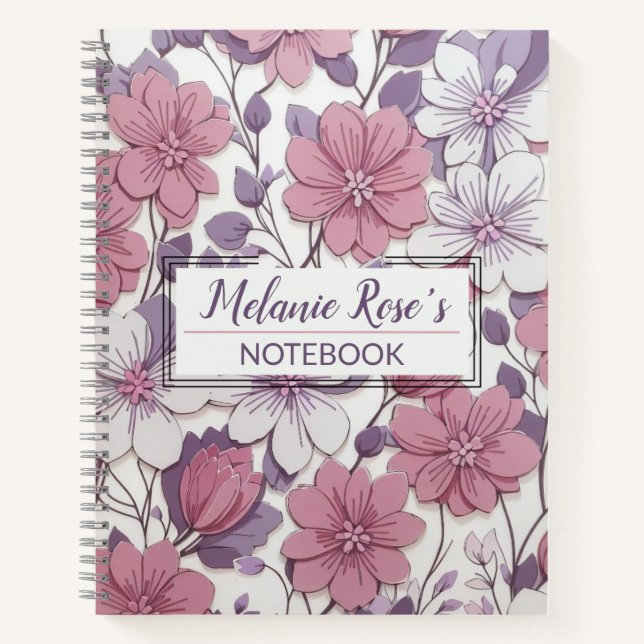 Carnet Fille Monogramme Motif Floral Nom personnalisé (Devant)