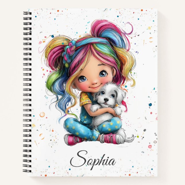 Carnet Fille originale mignonne aquarelle avec chiot (Devant)
