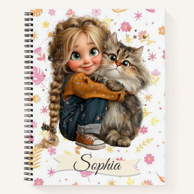 Carnet Fille originale mignonne aquarelle avec un chat (Devant)