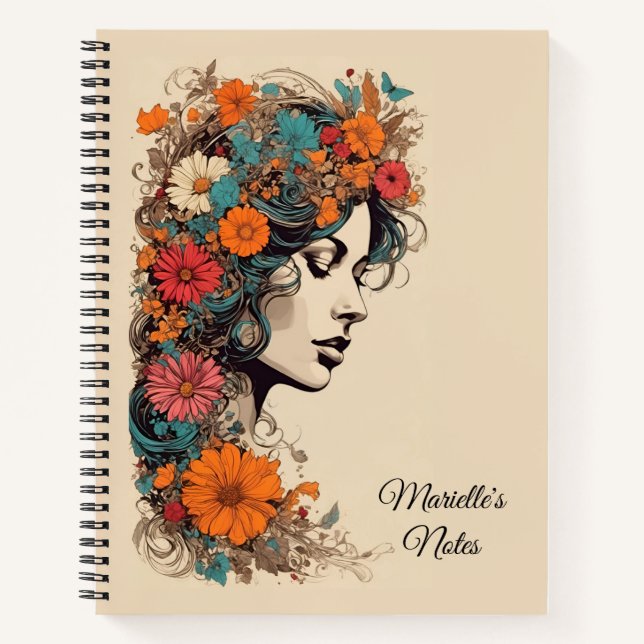 Carnet Fille Rétro avec des fleurs dans les cheveux (Devant)