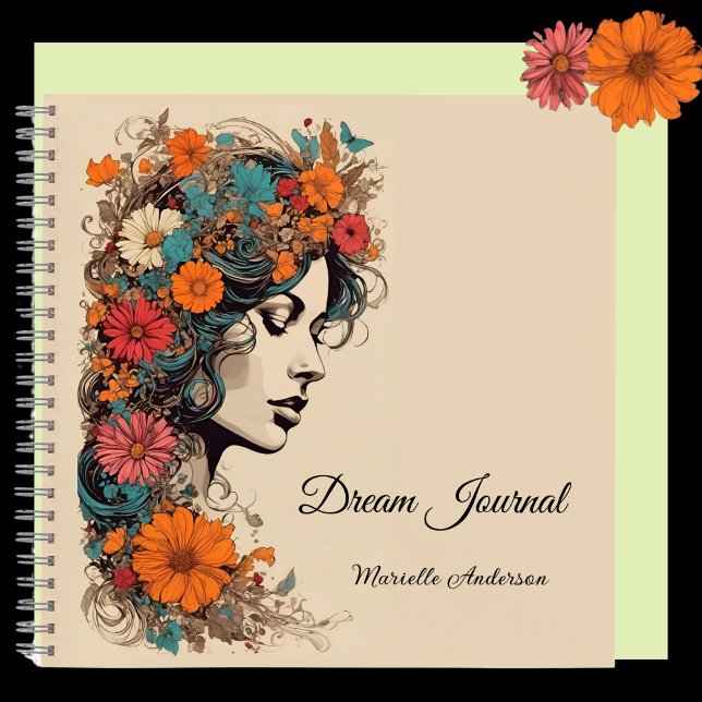 Carnet Fille Rétro avec des Fleurs dans les Cheveux, Jour (Créateur téléchargé)